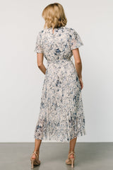 Alexandra Pleated Dress | Off White + Blue
