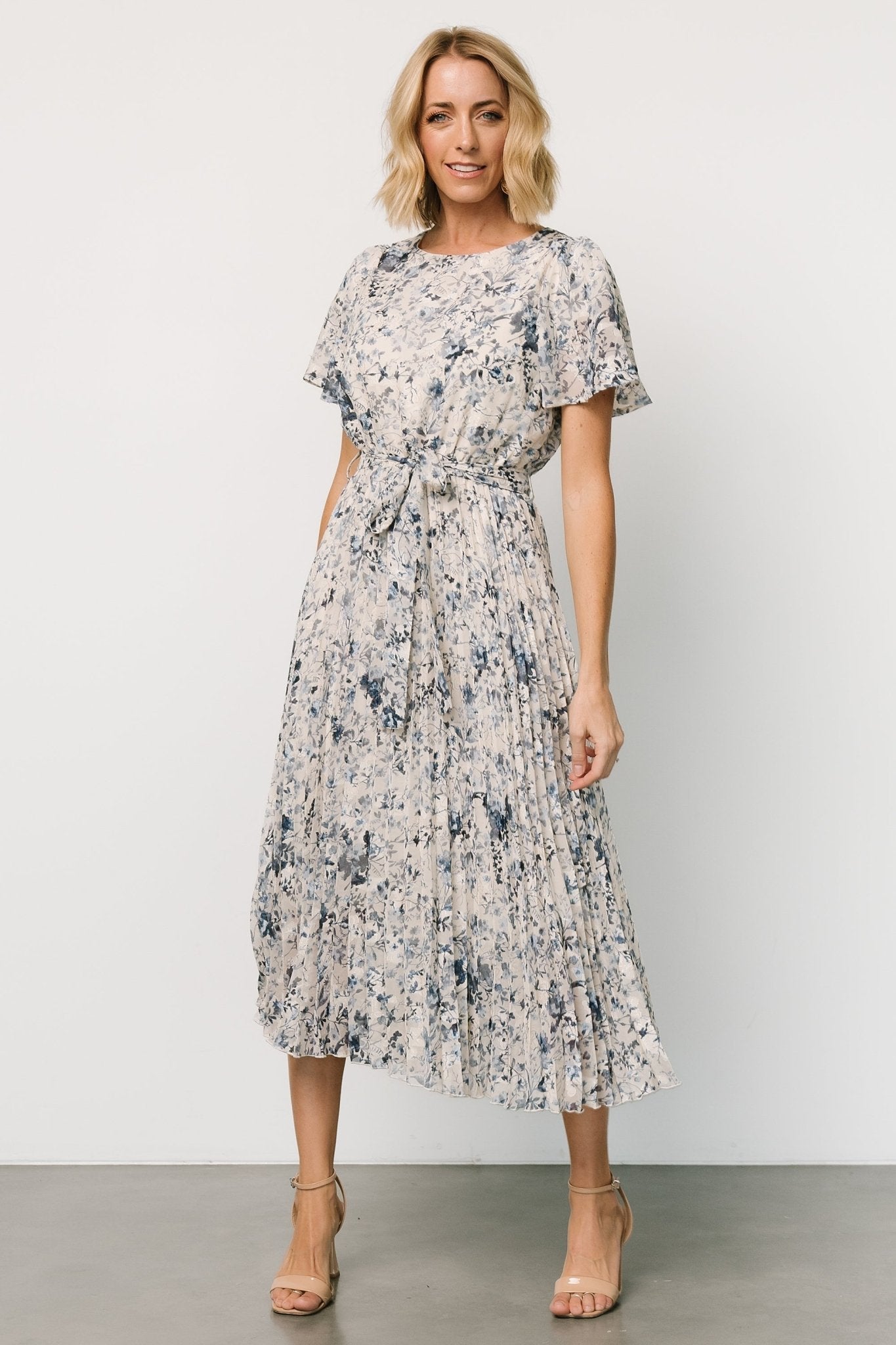 Alexandra Pleated Dress | Off White + Blue