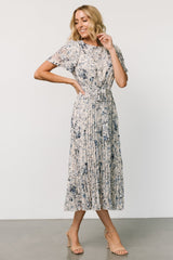 Alexandra Pleated Dress | Off White + Blue