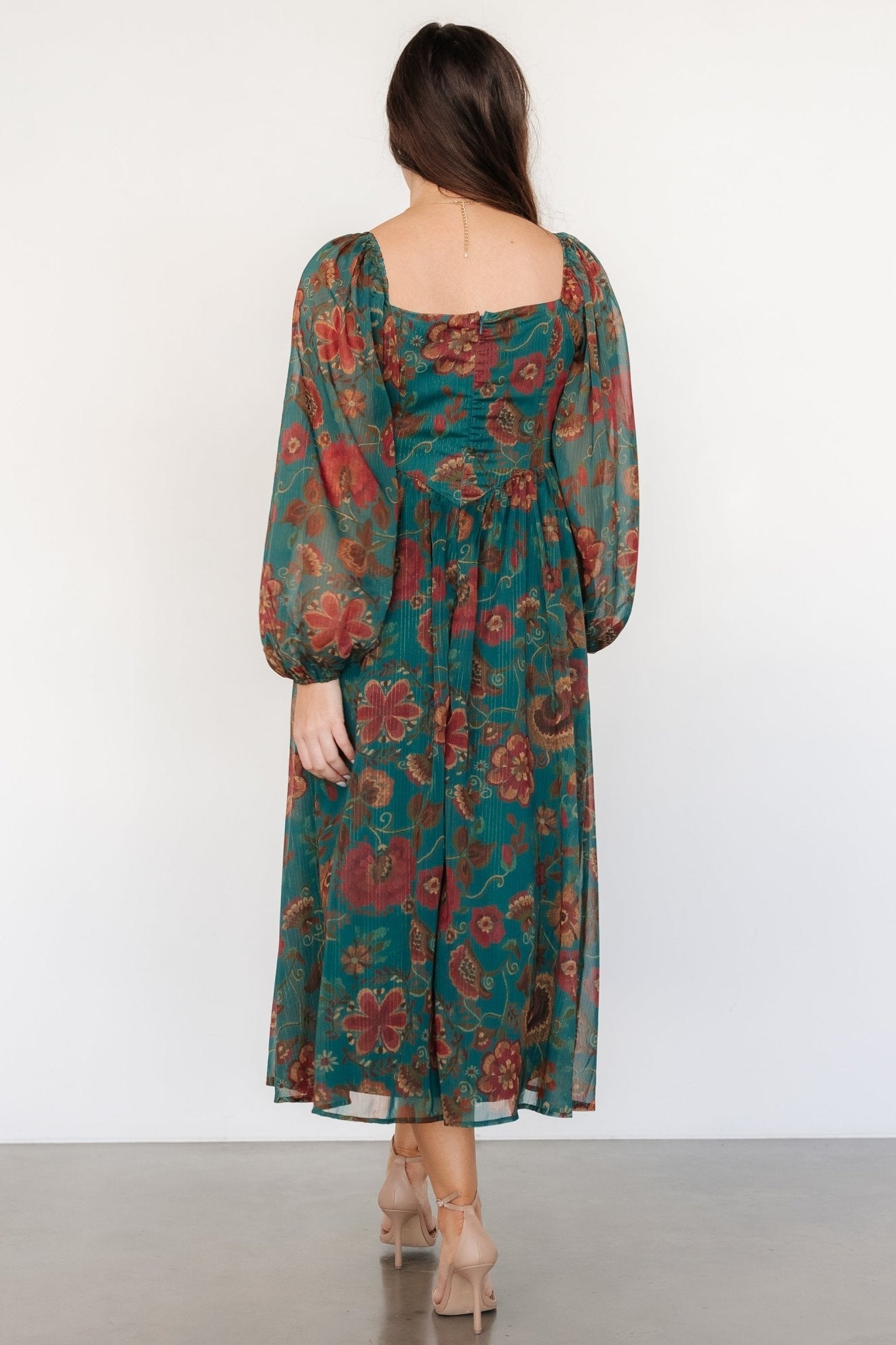 Babette Basque Waist Dress | Teal Multi Floral
