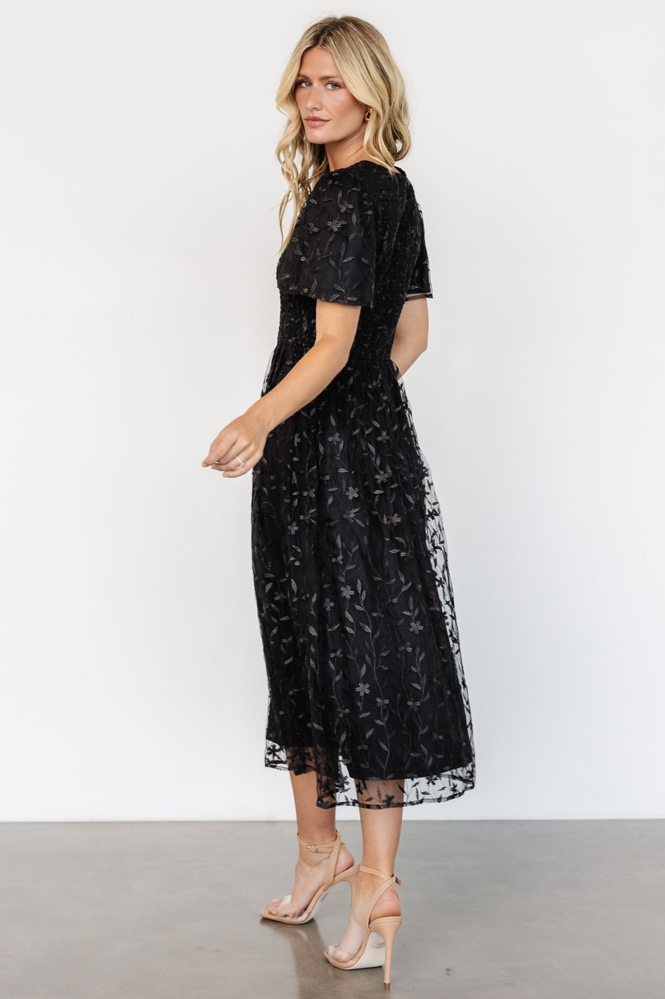 Cara Embroidered Midi Dress | Black
