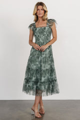 Clementine Tulle Midi Dress | Dusty Green Print