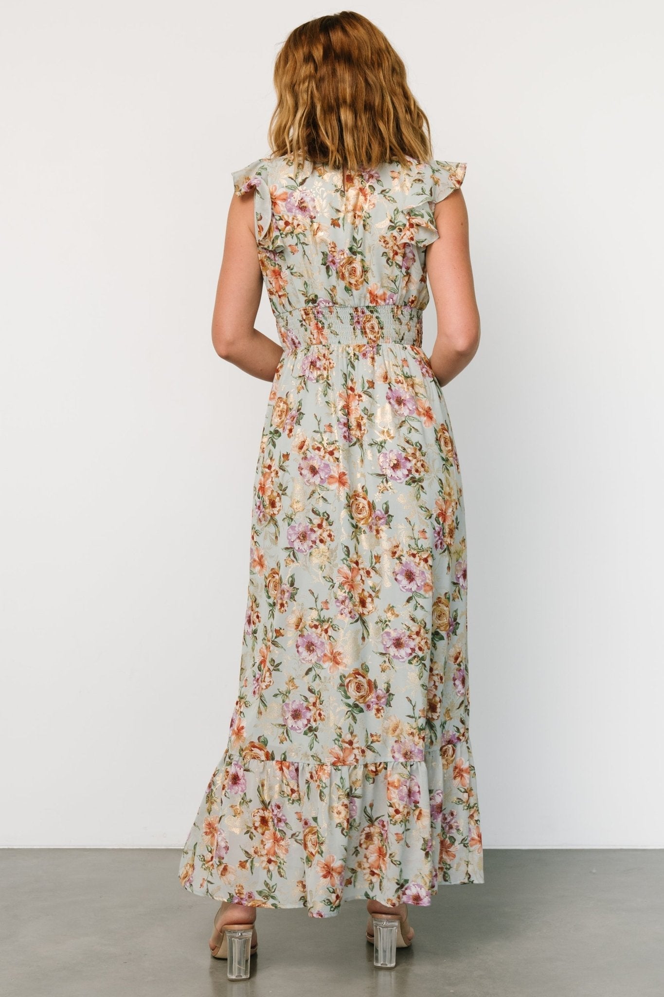 Kearny Ruffle Maxi Dress | Light Blue Floral + Gold