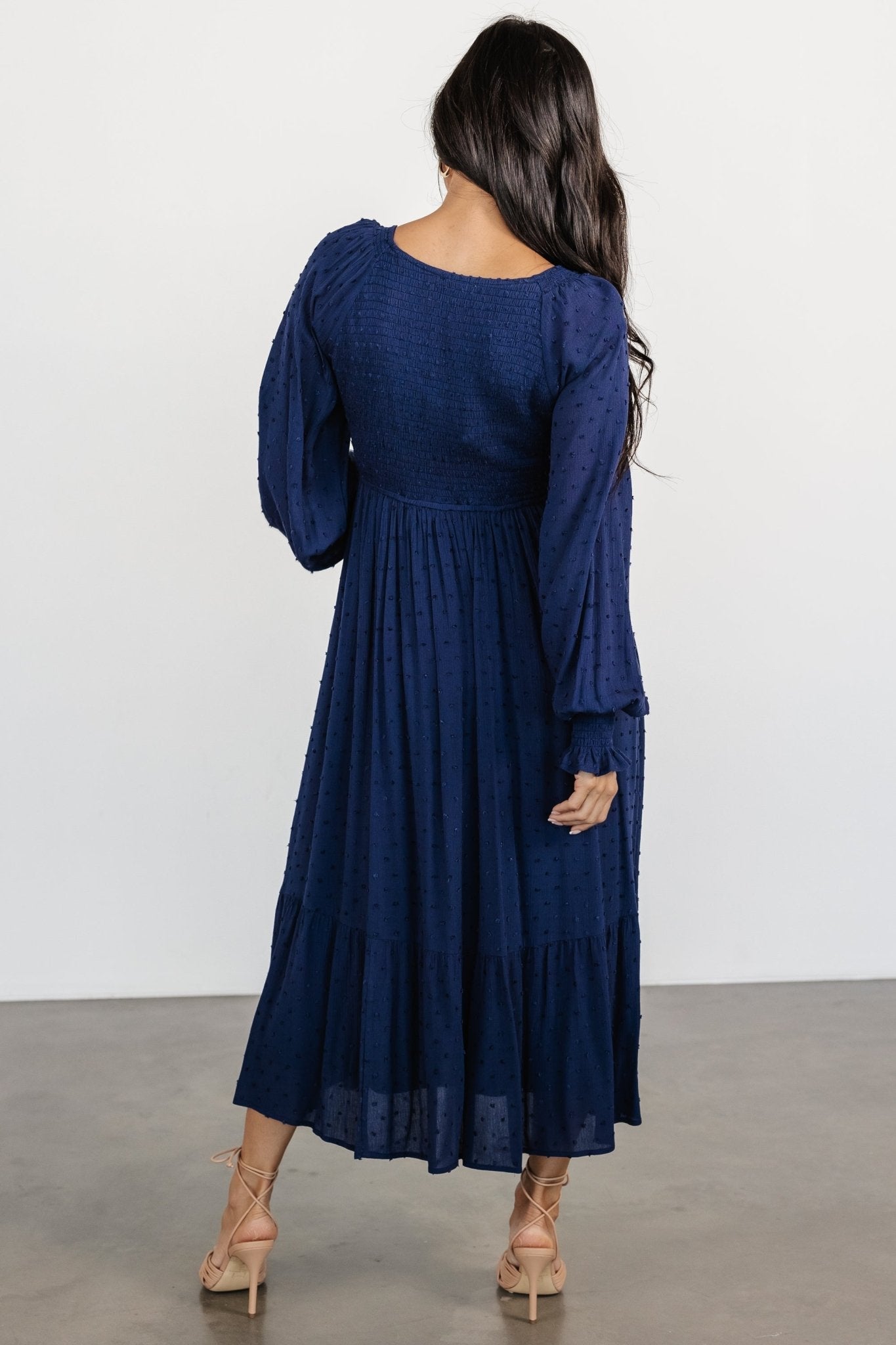 Lainey Smocked Dotted Midi Dress | Midnight Blue
