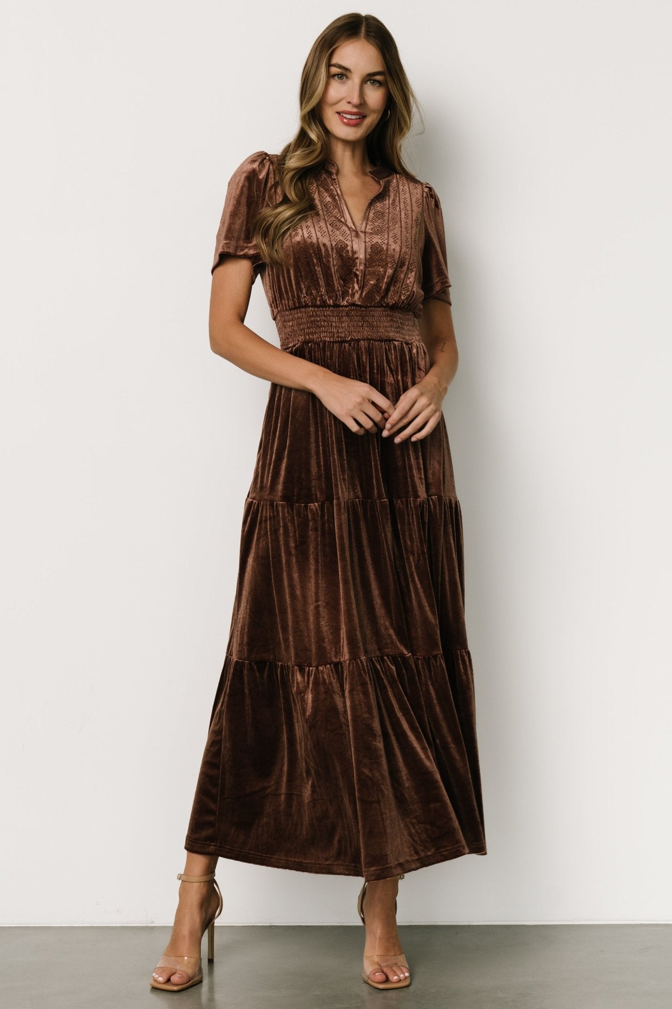 Maida Embroidered Velvet Dress | Chocolate