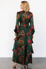 Montrouge Tiered Satin Dress | Emerald Floral